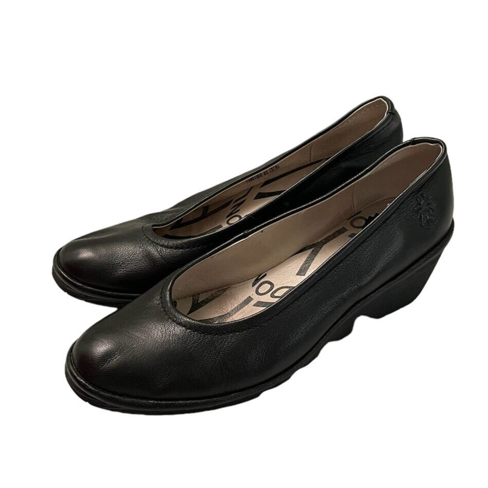 Fly London Yaz Womens Size 39 Black Leather Slip On Shoes Wedge Heel